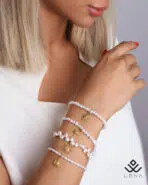 دستبند طلا و مروارید برگ تک نگین - Image 4