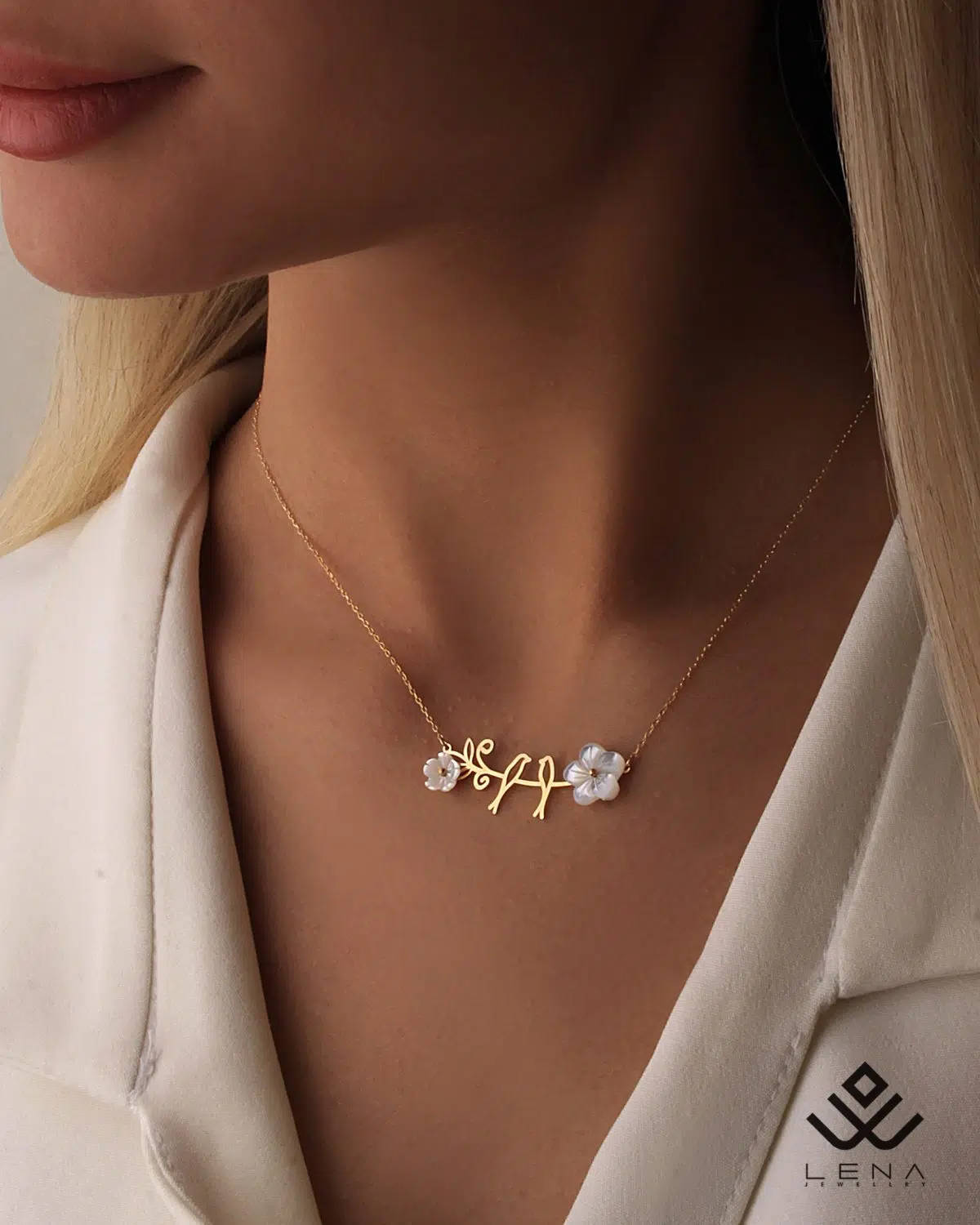 گردنبند طلا دو پرنده و گل صدفی - Image 2