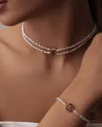 چوکر طلا و مروارید سنگ مستطیلی کوچک قرمز - Image 2